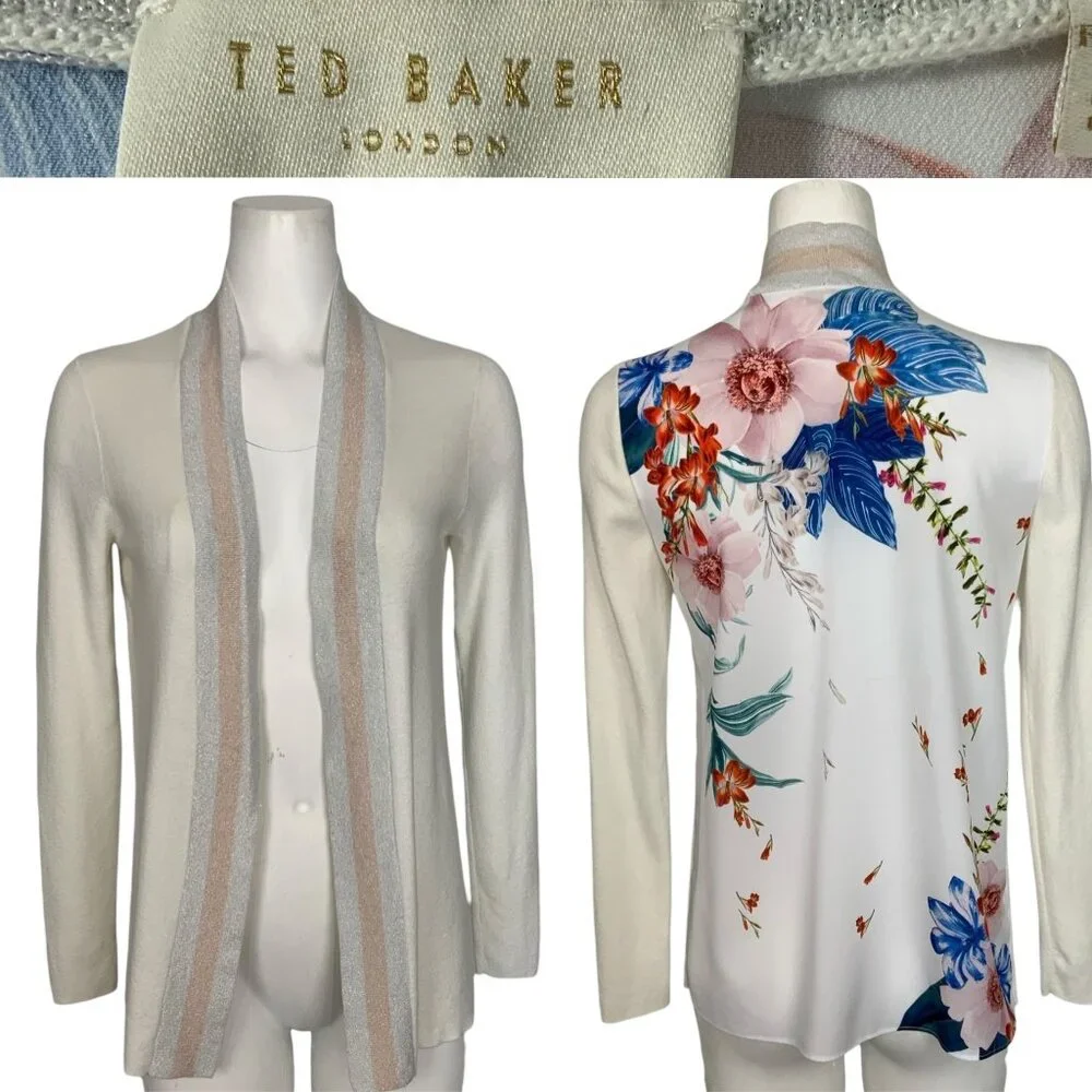 Ted Baker Cream Floral-Back Cardigan with Pastel Stripe Trim, Size 1